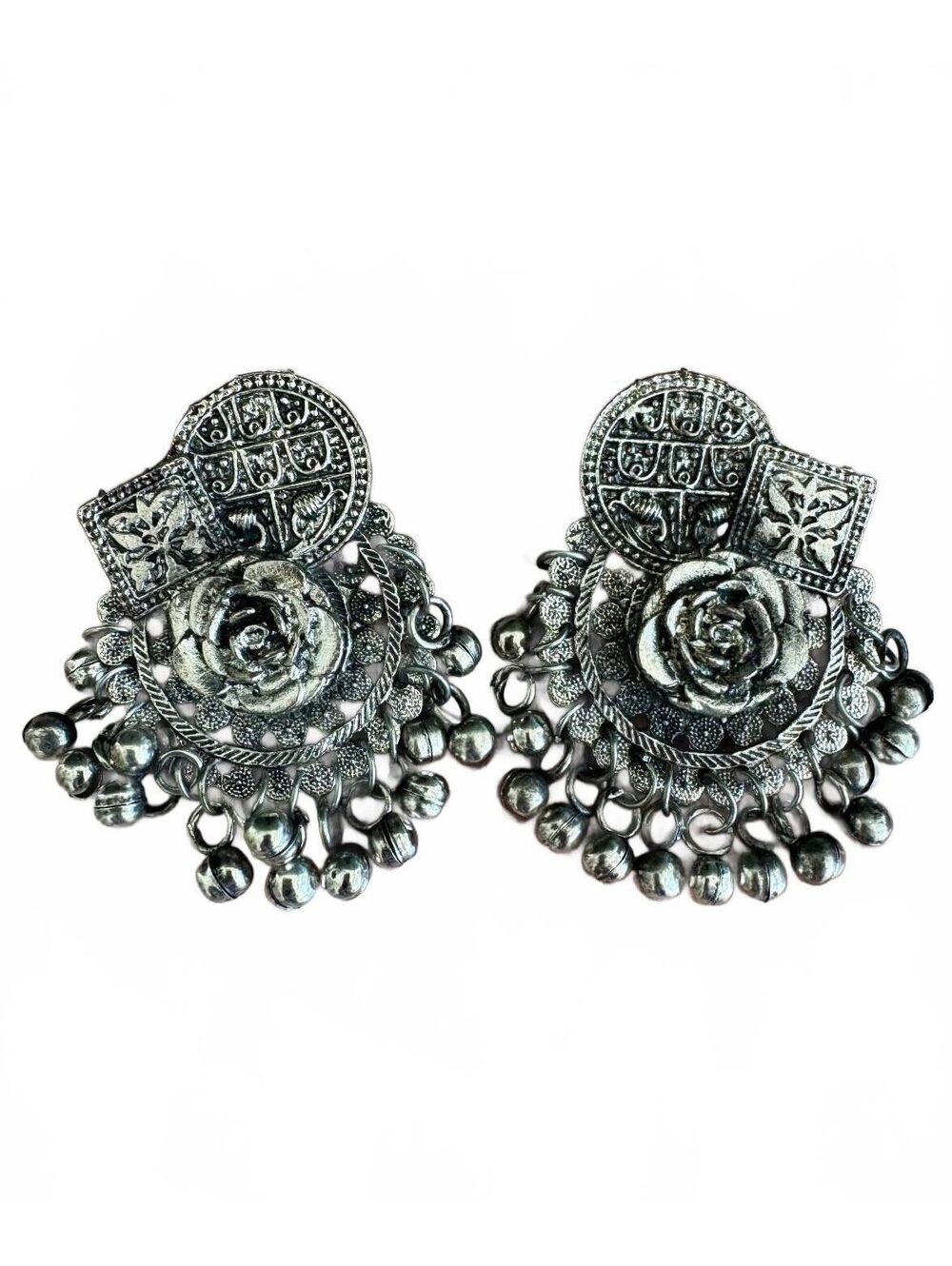 Boho Rose Dangle Earrings Silver Tone Ghungroo Bells